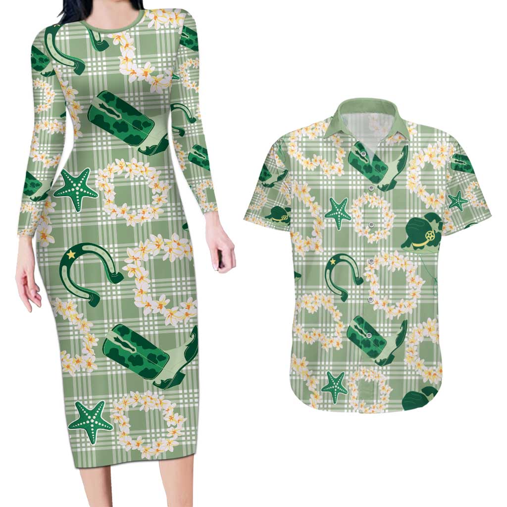 Aloha Hawaii Paniolo Mint Palaka Couples Matching Long Sleeve Bodycon Dress and Hawaiian Shirt Coastal Rodeo LT7 Mint - Polynesian Pride