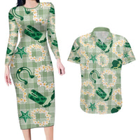 Aloha Hawaii Paniolo Mint Palaka Couples Matching Long Sleeve Bodycon Dress and Hawaiian Shirt Coastal Rodeo LT7 Mint - Polynesian Pride