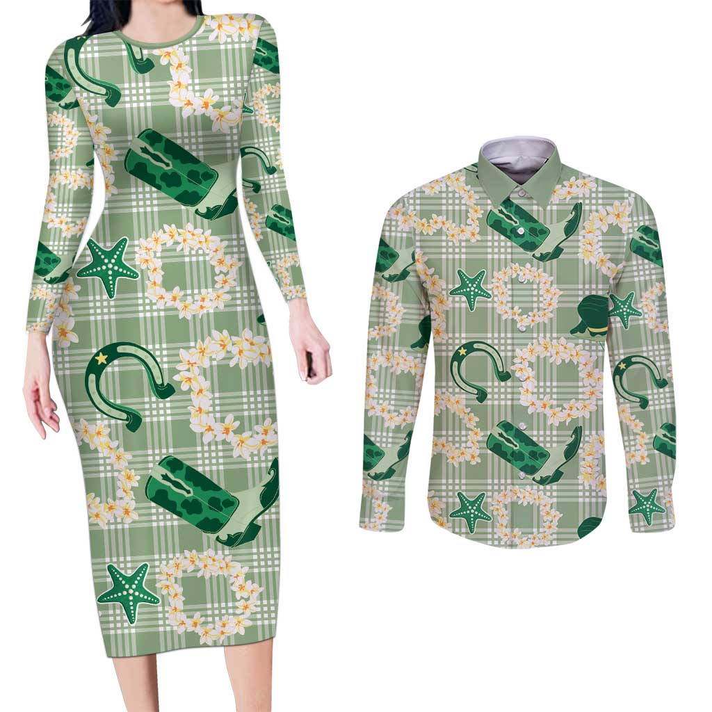 Aloha Hawaii Paniolo Mint Palaka Couples Matching Long Sleeve Bodycon Dress and Long Sleeve Button Shirt Coastal Rodeo LT7 Mint - Polynesian Pride