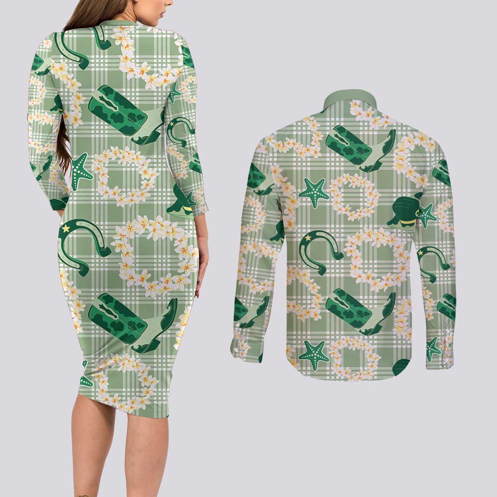Aloha Hawaii Paniolo Mint Palaka Couples Matching Long Sleeve Bodycon Dress and Long Sleeve Button Shirt Coastal Rodeo LT7 - Polynesian Pride