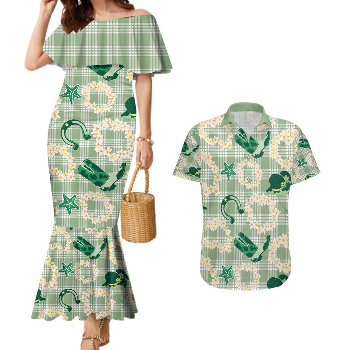 Aloha Hawaii Paniolo Mint Palaka Couples Matching Mermaid Dress and Hawaiian Shirt Coastal Rodeo LT7 Mint - Polynesian Pride