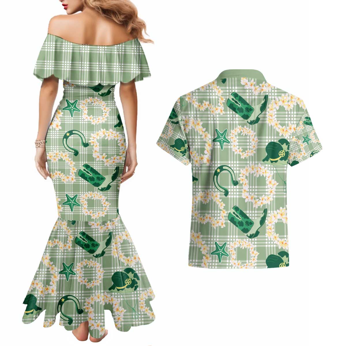 Aloha Hawaii Paniolo Mint Palaka Couples Matching Mermaid Dress and Hawaiian Shirt Coastal Rodeo LT7 - Polynesian Pride