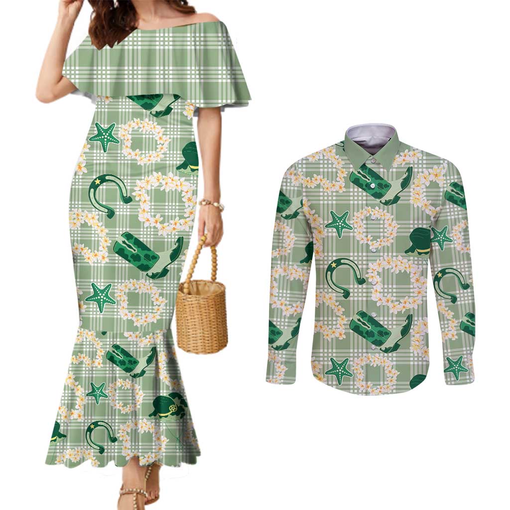 Aloha Hawaii Paniolo Mint Palaka Couples Matching Mermaid Dress and Long Sleeve Button Shirt Coastal Rodeo LT7 Mint - Polynesian Pride