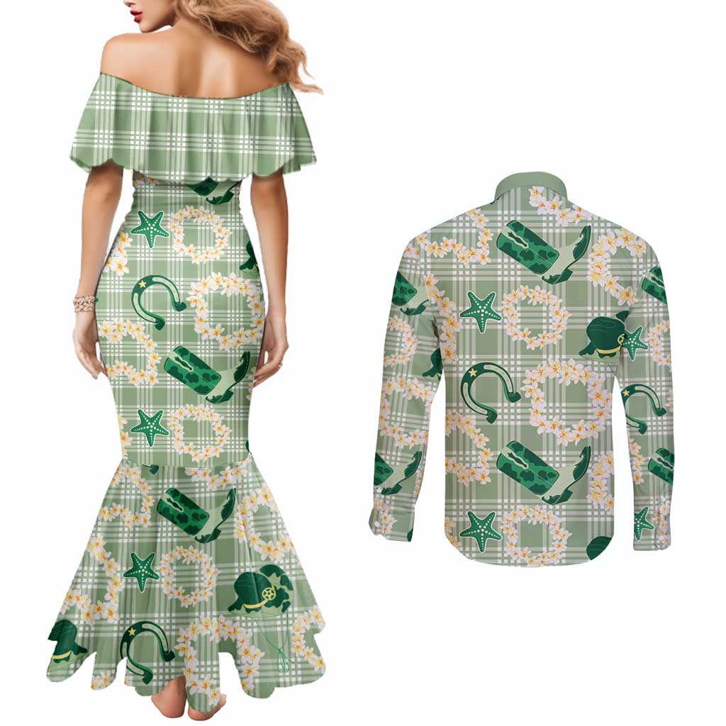 Aloha Hawaii Paniolo Mint Palaka Couples Matching Mermaid Dress and Long Sleeve Button Shirt Coastal Rodeo LT7 - Polynesian Pride