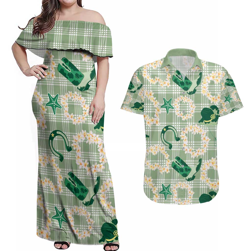 Aloha Hawaii Paniolo Mint Palaka Couples Matching Off Shoulder Maxi Dress and Hawaiian Shirt Coastal Rodeo LT7 Mint - Polynesian Pride