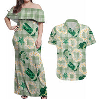 Aloha Hawaii Paniolo Mint Palaka Couples Matching Off Shoulder Maxi Dress and Hawaiian Shirt Coastal Rodeo LT7 Mint - Polynesian Pride