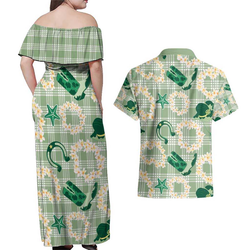 Aloha Hawaii Paniolo Mint Palaka Couples Matching Off Shoulder Maxi Dress and Hawaiian Shirt Coastal Rodeo LT7 - Polynesian Pride
