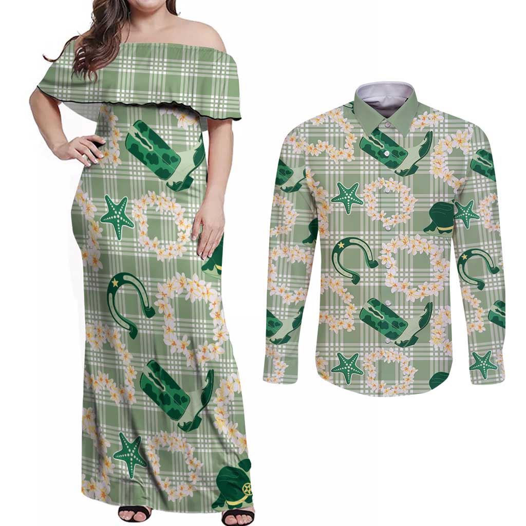 Aloha Hawaii Paniolo Mint Palaka Couples Matching Off Shoulder Maxi Dress and Long Sleeve Button Shirt Coastal Rodeo LT7 Mint - Polynesian Pride