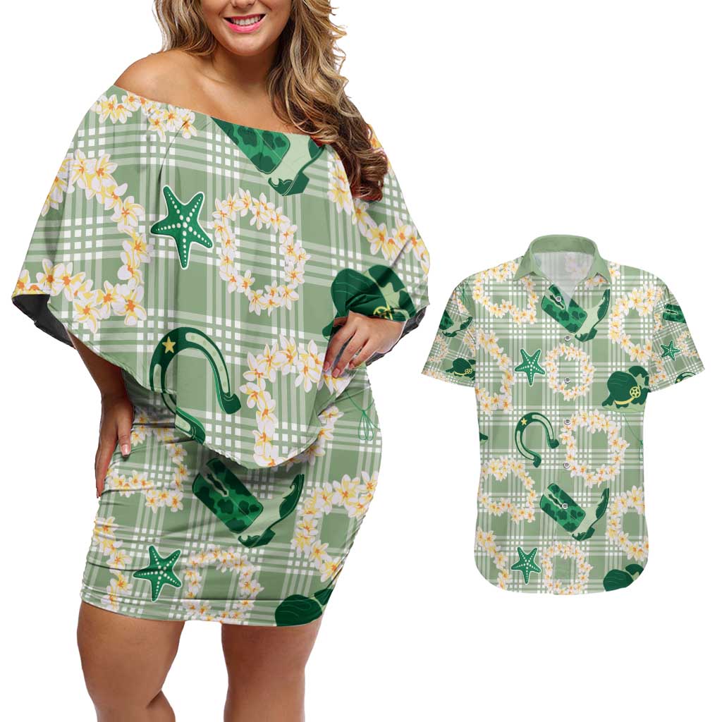 Aloha Hawaii Paniolo Mint Palaka Couples Matching Off Shoulder Short Dress and Hawaiian Shirt Coastal Rodeo LT7 Mint - Polynesian Pride