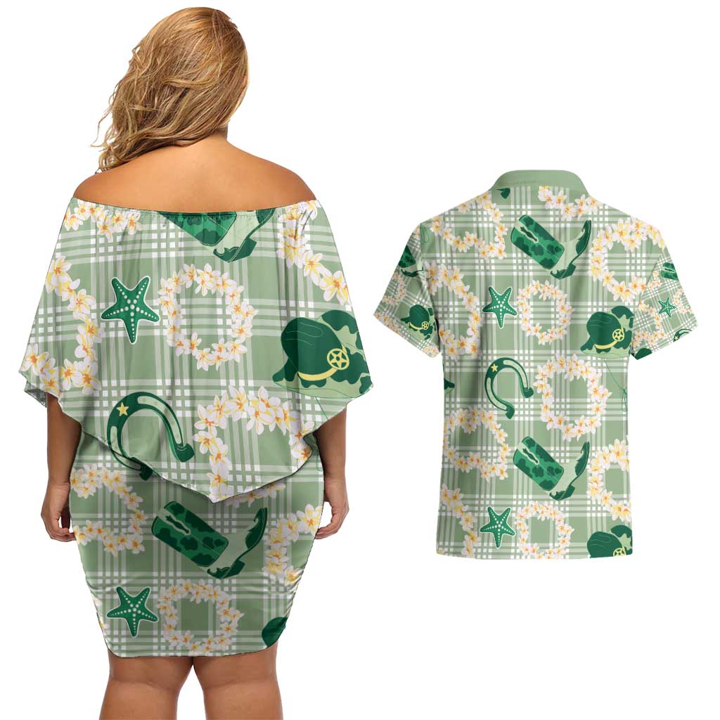 Aloha Hawaii Paniolo Mint Palaka Couples Matching Off Shoulder Short Dress and Hawaiian Shirt Coastal Rodeo LT7 - Polynesian Pride