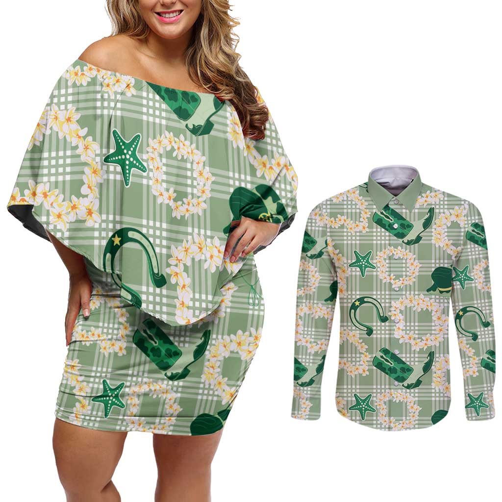 Aloha Hawaii Paniolo Mint Palaka Couples Matching Off Shoulder Short Dress and Long Sleeve Button Shirt Coastal Rodeo LT7 Mint - Polynesian Pride