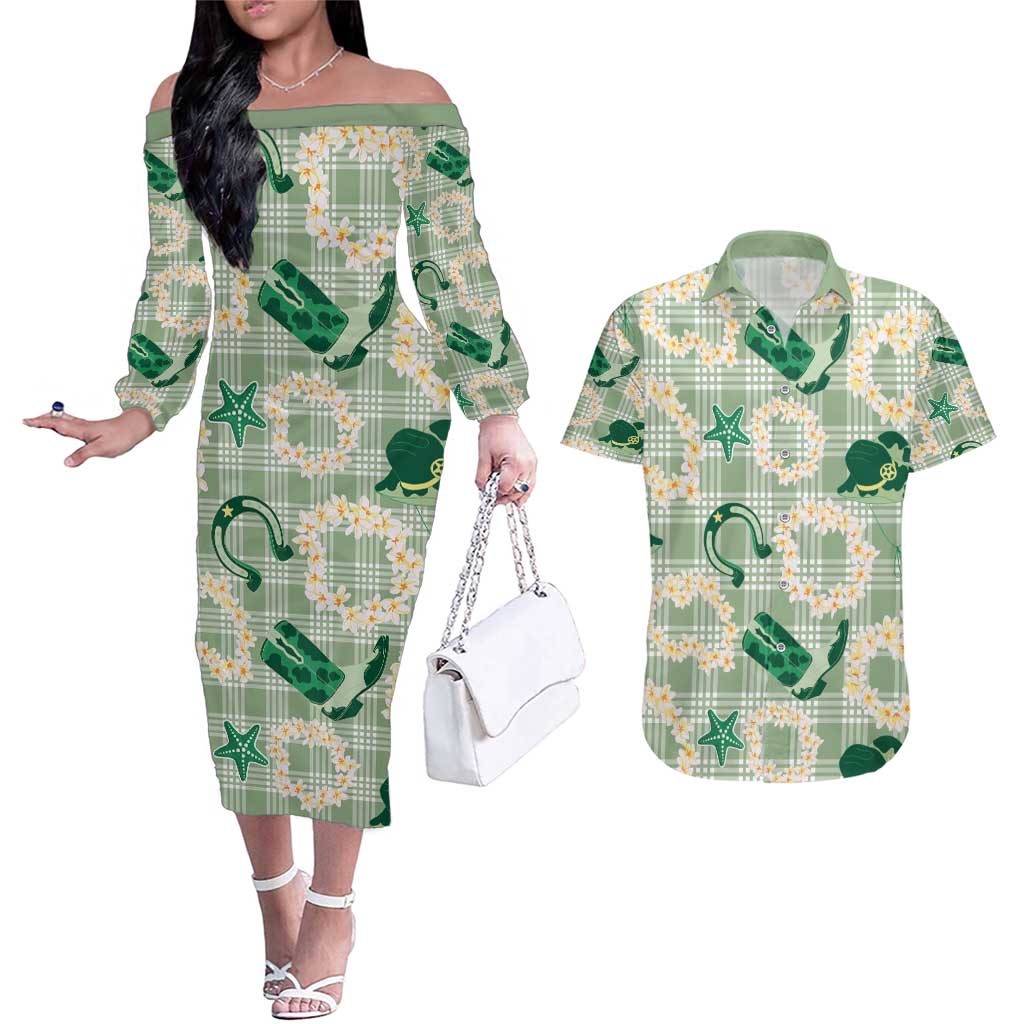 Aloha Hawaii Paniolo Mint Palaka Couples Matching Off The Shoulder Long Sleeve Dress and Hawaiian Shirt Coastal Rodeo LT7 Mint - Polynesian Pride