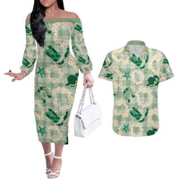 Aloha Hawaii Paniolo Mint Palaka Couples Matching Off The Shoulder Long Sleeve Dress and Hawaiian Shirt Coastal Rodeo LT7 Mint - Polynesian Pride