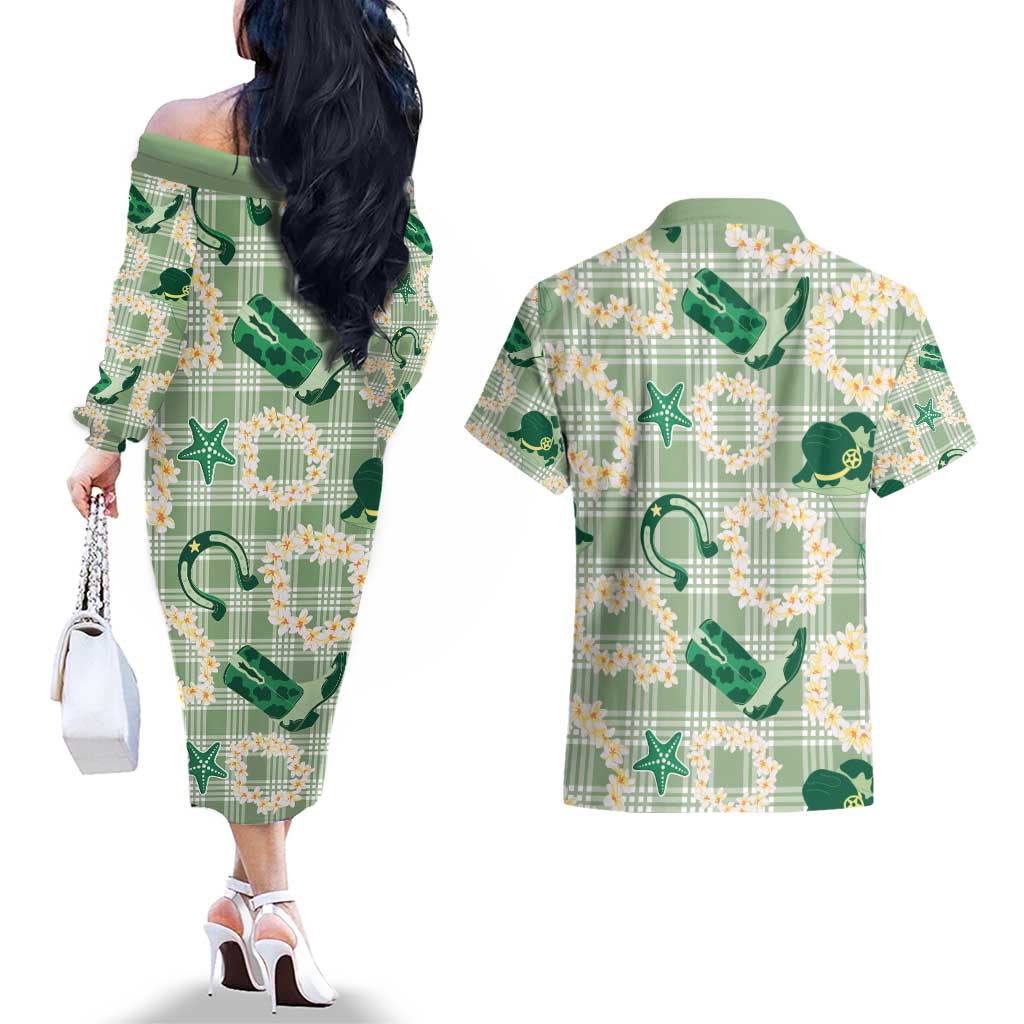 Aloha Hawaii Paniolo Mint Palaka Couples Matching Off The Shoulder Long Sleeve Dress and Hawaiian Shirt Coastal Rodeo LT7 - Polynesian Pride