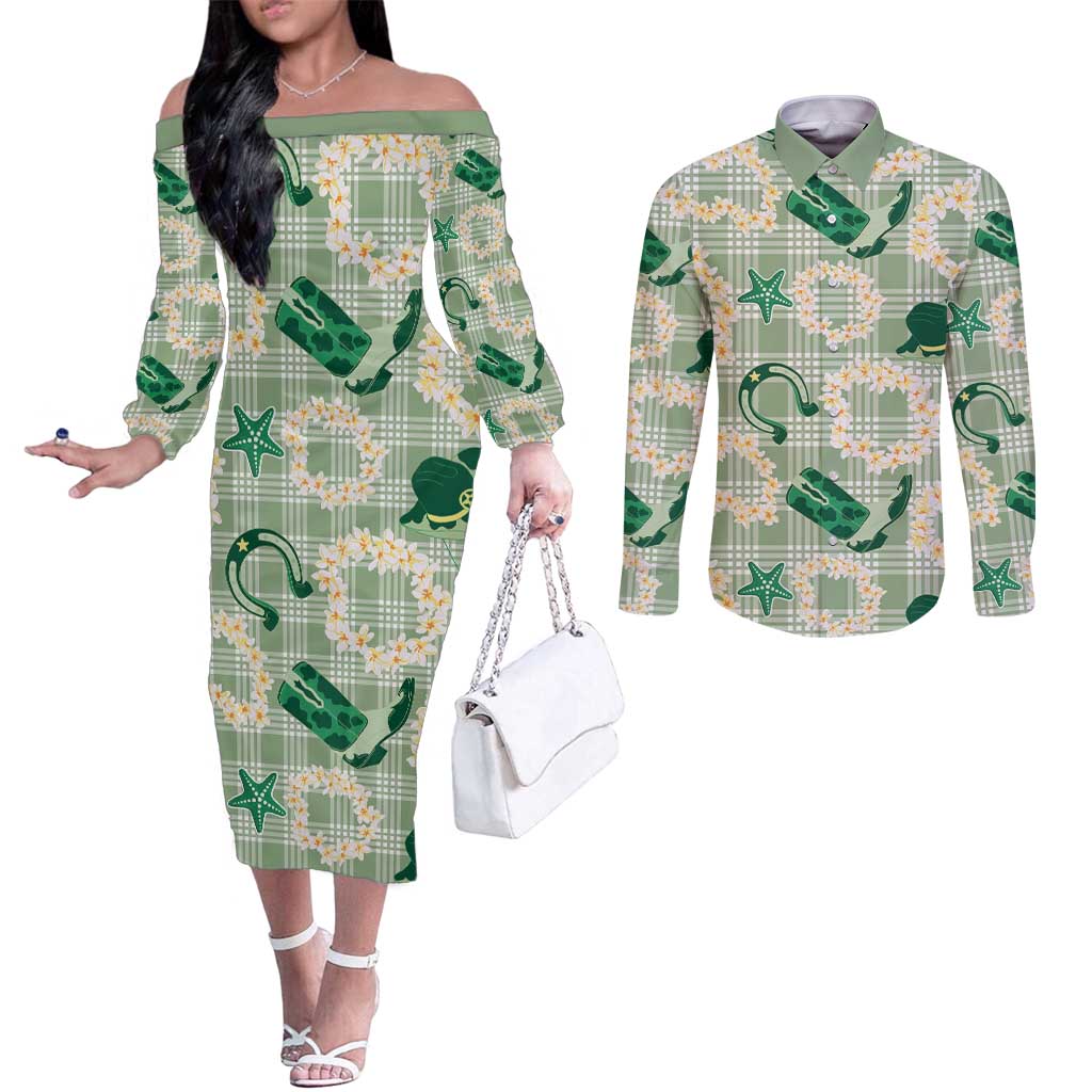 Aloha Hawaii Paniolo Mint Palaka Couples Matching Off The Shoulder Long Sleeve Dress and Long Sleeve Button Shirt Coastal Rodeo LT7 Mint - Polynesian Pride