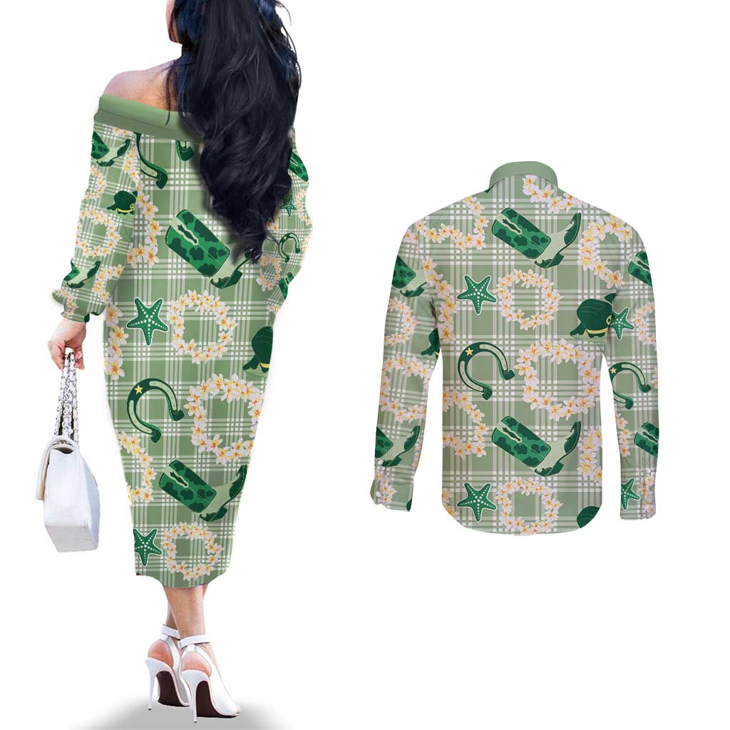 Aloha Hawaii Paniolo Mint Palaka Couples Matching Off The Shoulder Long Sleeve Dress and Long Sleeve Button Shirt Coastal Rodeo LT7 - Polynesian Pride