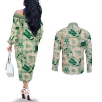 Aloha Hawaii Paniolo Mint Palaka Couples Matching Off The Shoulder Long Sleeve Dress and Long Sleeve Button Shirt Coastal Rodeo LT7 - Polynesian Pride