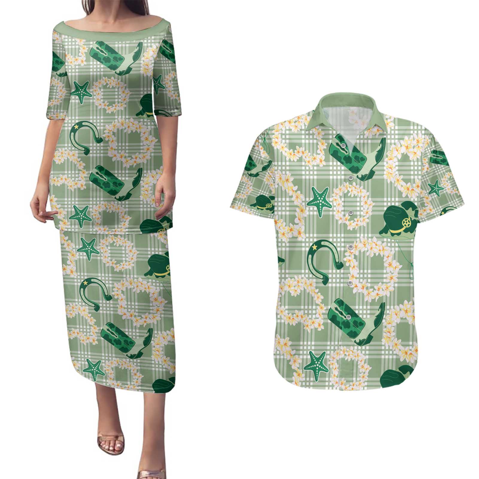 Aloha Hawaii Paniolo Mint Palaka Couples Matching Puletasi and Hawaiian Shirt Coastal Rodeo - Polynesian Pride