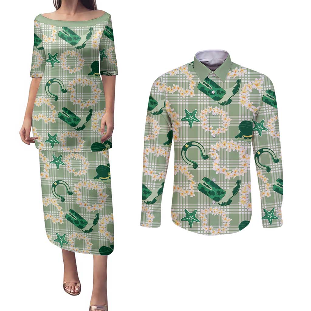 Aloha Hawaii Paniolo Mint Palaka Couples Matching Puletasi and Long Sleeve Button Shirt Coastal Rodeo LT7 Mint - Polynesian Pride