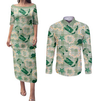 Aloha Hawaii Paniolo Mint Palaka Couples Matching Puletasi and Long Sleeve Button Shirt Coastal Rodeo LT7 Mint - Polynesian Pride