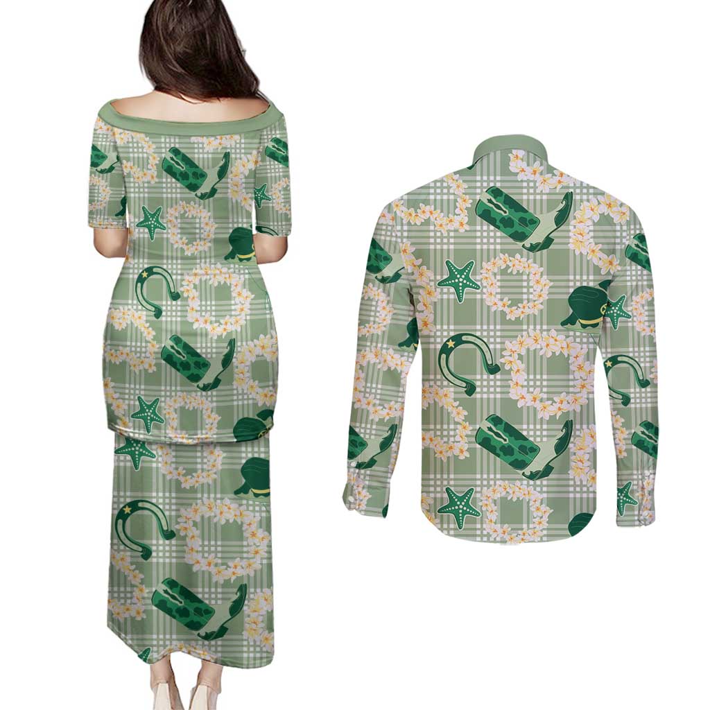 Aloha Hawaii Paniolo Mint Palaka Couples Matching Puletasi and Long Sleeve Button Shirt Coastal Rodeo LT7 - Polynesian Pride
