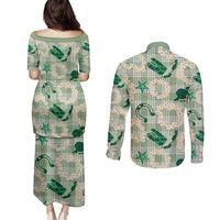 Aloha Hawaii Paniolo Mint Palaka Couples Matching Puletasi and Long Sleeve Button Shirt Coastal Rodeo LT7 - Polynesian Pride