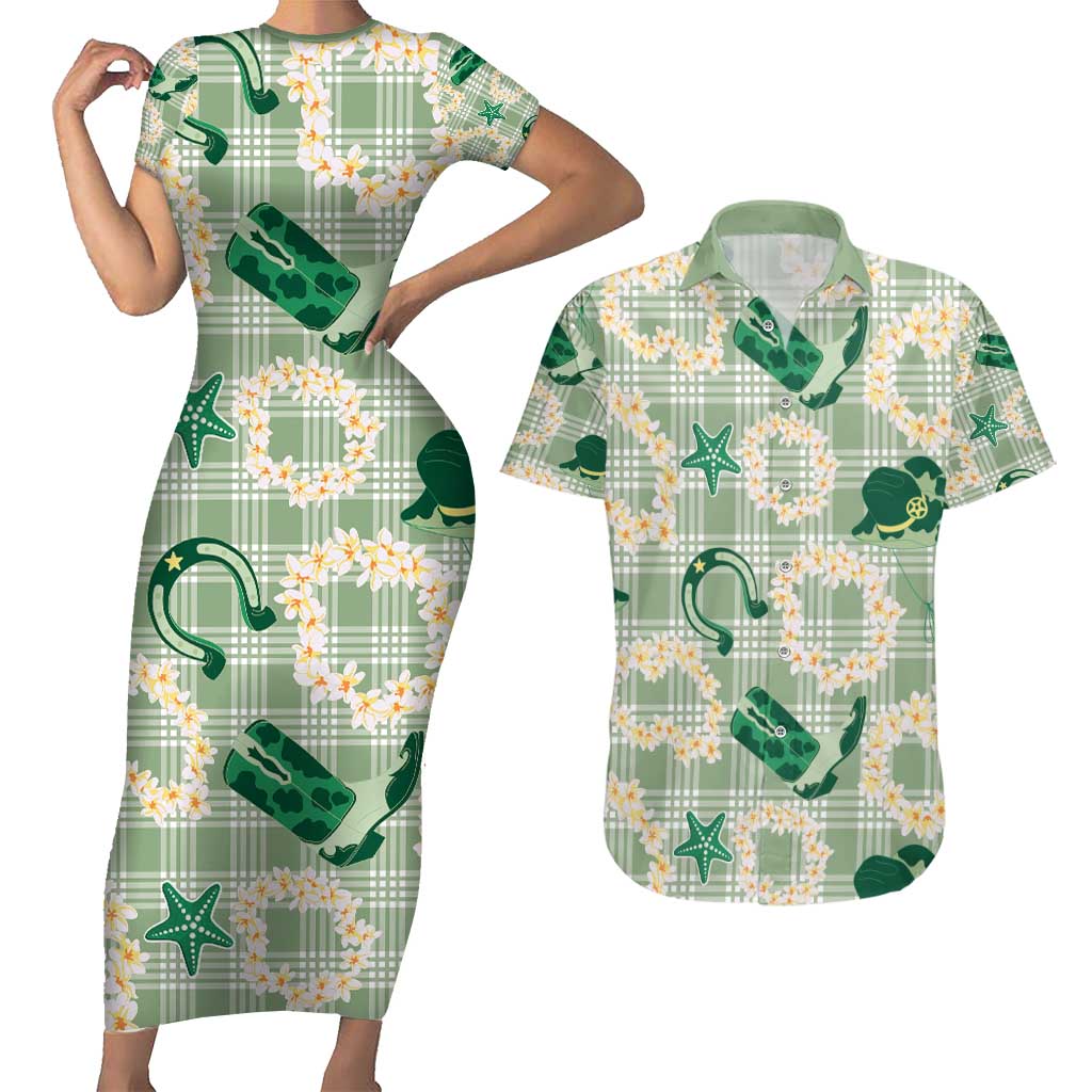 Aloha Hawaii Paniolo Mint Palaka Couples Matching Short Sleeve Bodycon Dress and Hawaiian Shirt Coastal Rodeo LT7 Mint - Polynesian Pride
