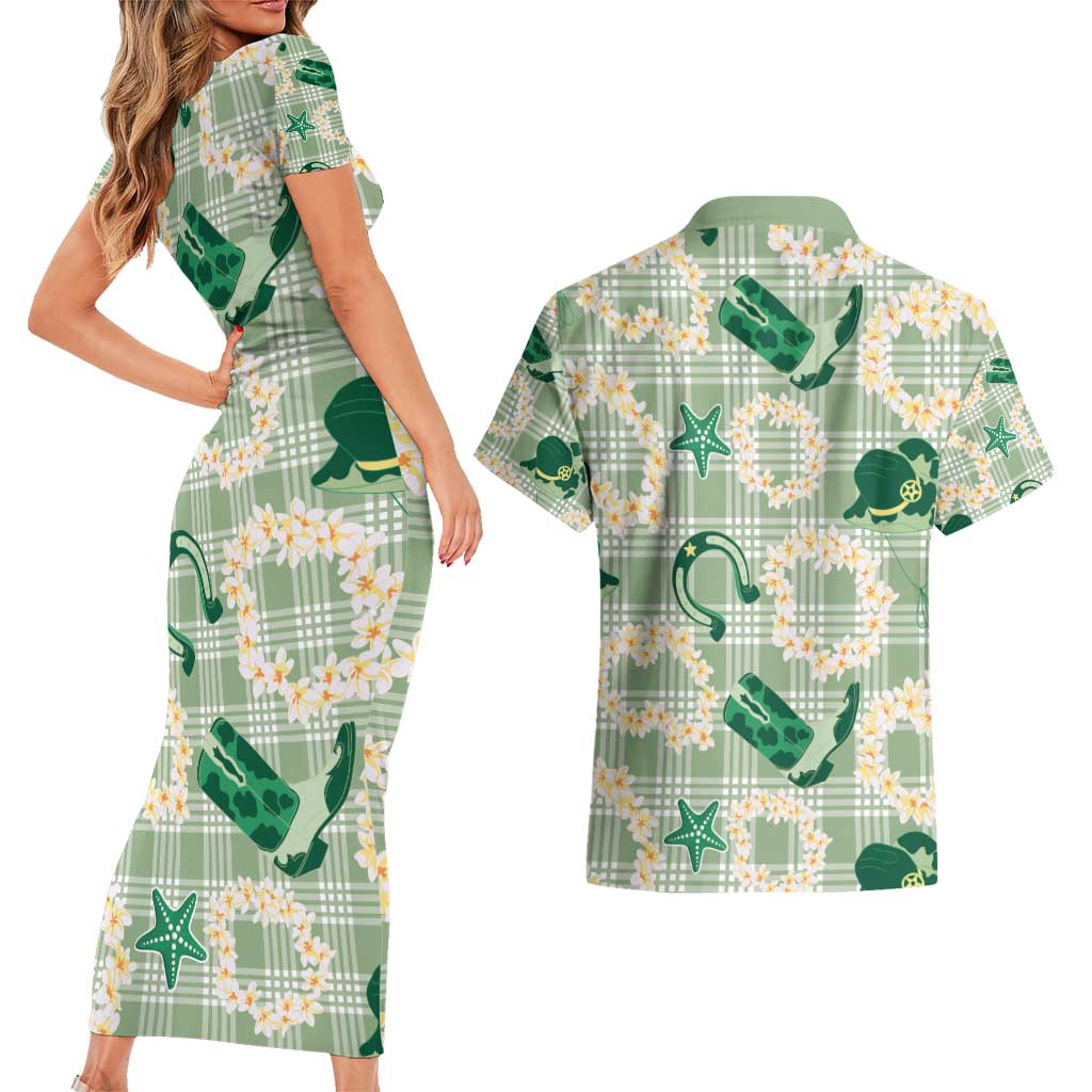 Aloha Hawaii Paniolo Mint Palaka Couples Matching Short Sleeve Bodycon Dress and Hawaiian Shirt Coastal Rodeo LT7 - Polynesian Pride