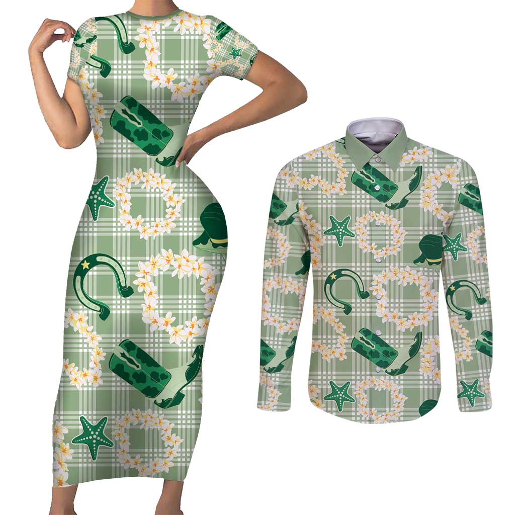 Aloha Hawaii Paniolo Mint Palaka Couples Matching Short Sleeve Bodycon Dress and Long Sleeve Button Shirt Coastal Rodeo LT7 Mint - Polynesian Pride