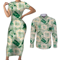 Aloha Hawaii Paniolo Mint Palaka Couples Matching Short Sleeve Bodycon Dress and Long Sleeve Button Shirt Coastal Rodeo LT7 Mint - Polynesian Pride