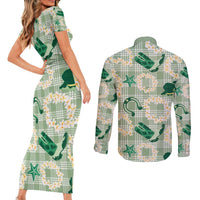 Aloha Hawaii Paniolo Mint Palaka Couples Matching Short Sleeve Bodycon Dress and Long Sleeve Button Shirt Coastal Rodeo LT7 - Polynesian Pride