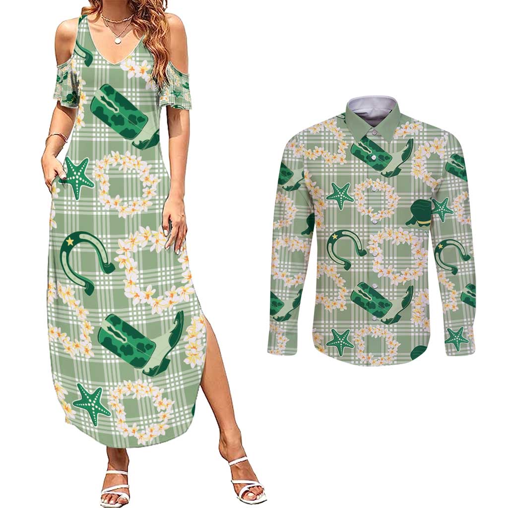 Aloha Hawaii Paniolo Mint Palaka Couples Matching Summer Maxi Dress and Long Sleeve Button Shirt Coastal Rodeo LT7 Mint - Polynesian Pride