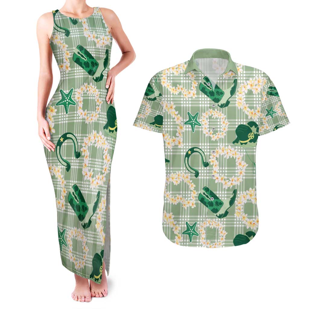 Aloha Hawaii Paniolo Mint Palaka Couples Matching Tank Maxi Dress and Hawaiian Shirt Coastal Rodeo LT7 Mint - Polynesian Pride