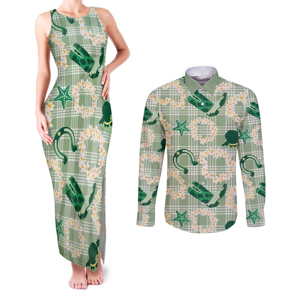 Aloha Hawaii Paniolo Mint Palaka Couples Matching Tank Maxi Dress and Long Sleeve Button Shirt Coastal Rodeo LT7 Mint - Polynesian Pride