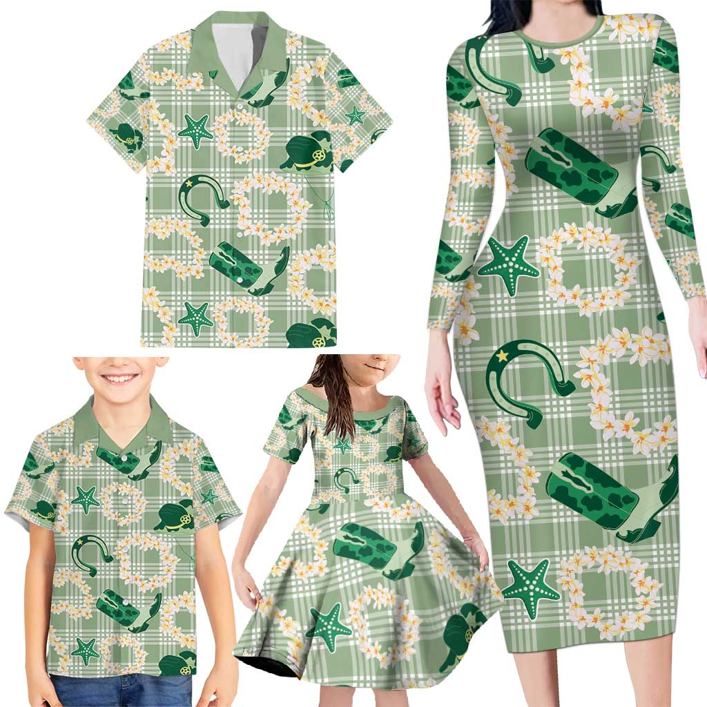 Aloha Hawaii Paniolo Mint Palaka Family Matching Long Sleeve Bodycon Dress and Hawaiian Shirt Coastal Rodeo LT7 - Polynesian Pride