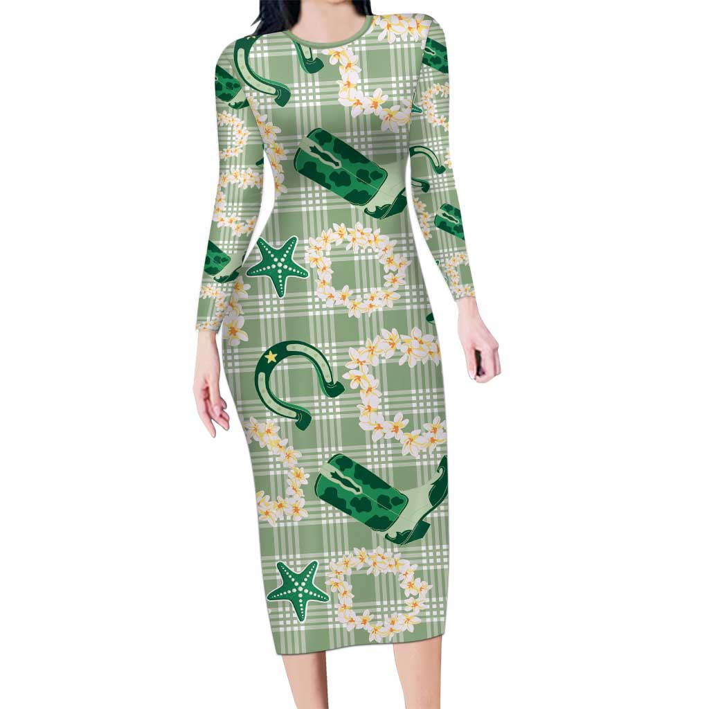 Aloha Hawaii Paniolo Mint Palaka Family Matching Long Sleeve Bodycon Dress and Hawaiian Shirt Coastal Rodeo LT7 Mom's Dress Mint - Polynesian Pride