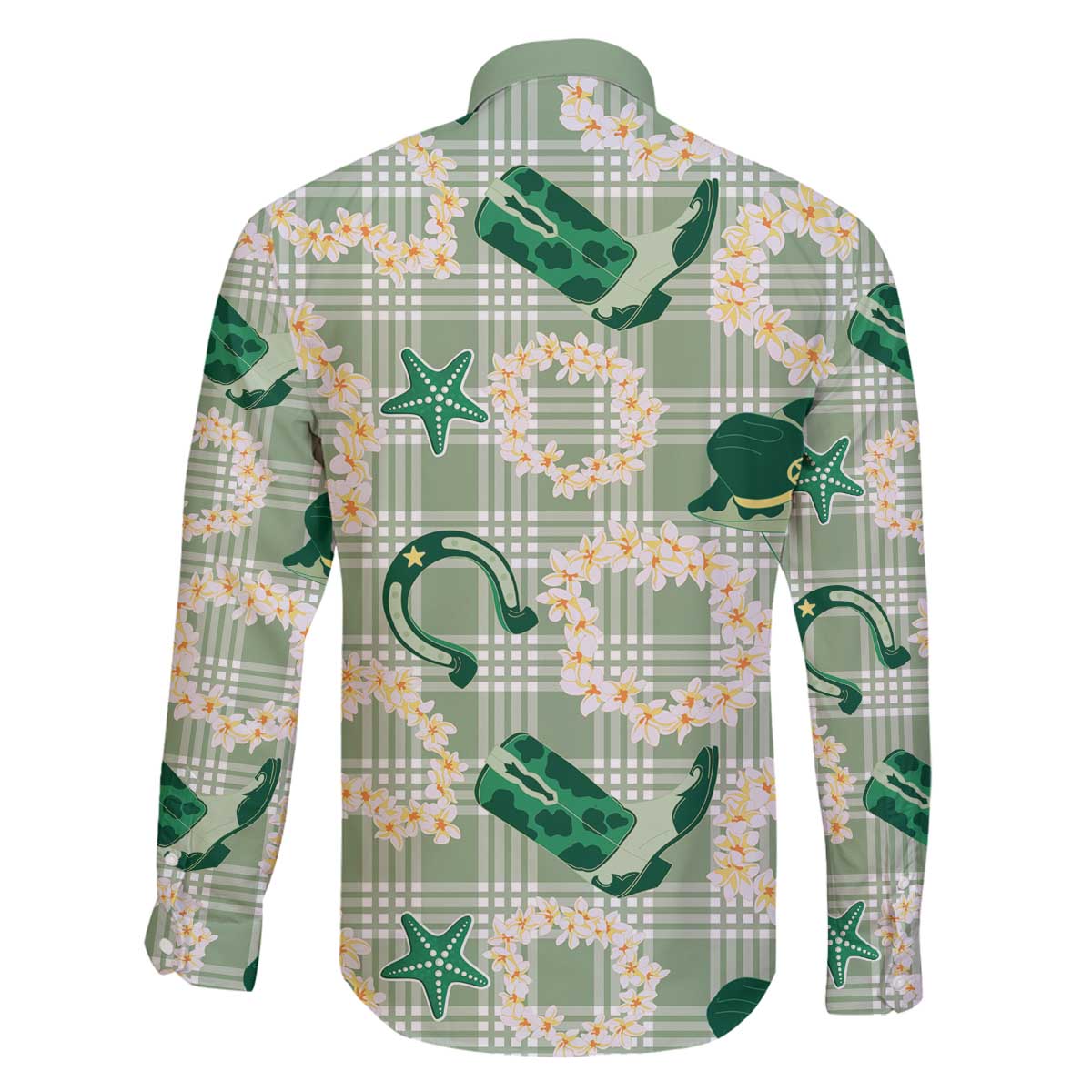 Aloha Hawaii Paniolo Mint Palaka Family Matching Off The Shoulder Long Sleeve Dress and Hawaiian Shirt Coastal Rodeo LT7 - Polynesian Pride