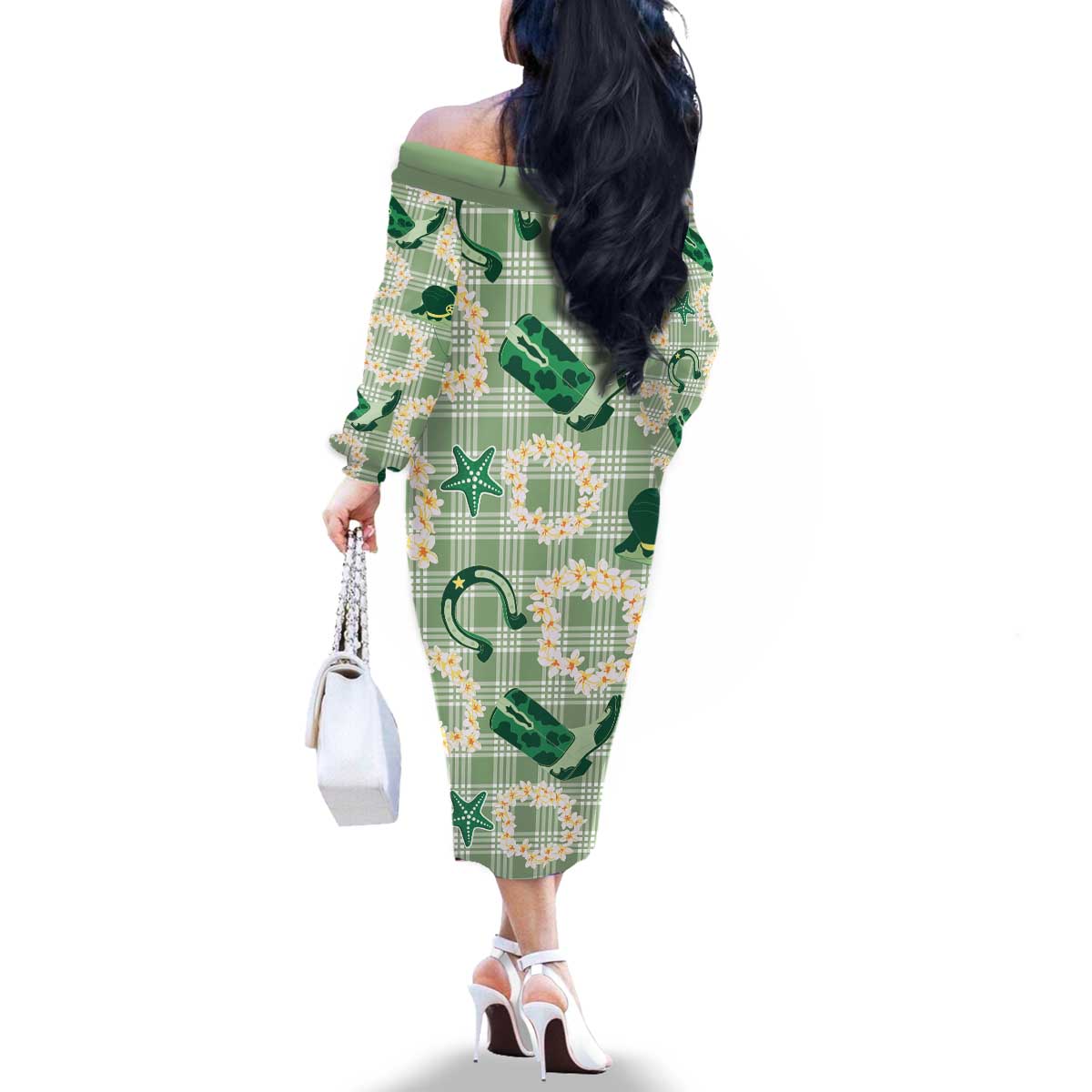 Aloha Hawaii Paniolo Mint Palaka Family Matching Off The Shoulder Long Sleeve Dress and Hawaiian Shirt Coastal Rodeo LT7 - Polynesian Pride