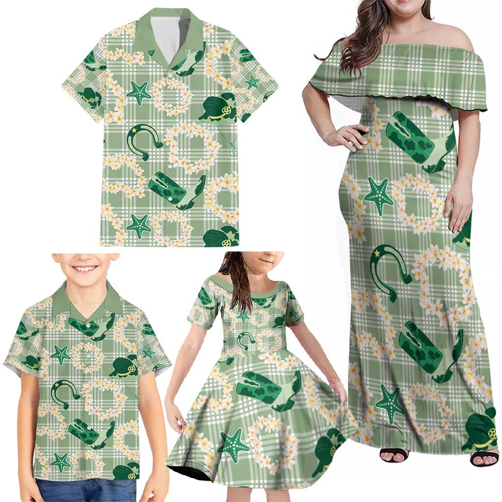 Aloha Hawaii Paniolo Mint Palaka Family Matching Off Shoulder Maxi Dress and Hawaiian Shirt Coastal Rodeo LT7 - Polynesian Pride