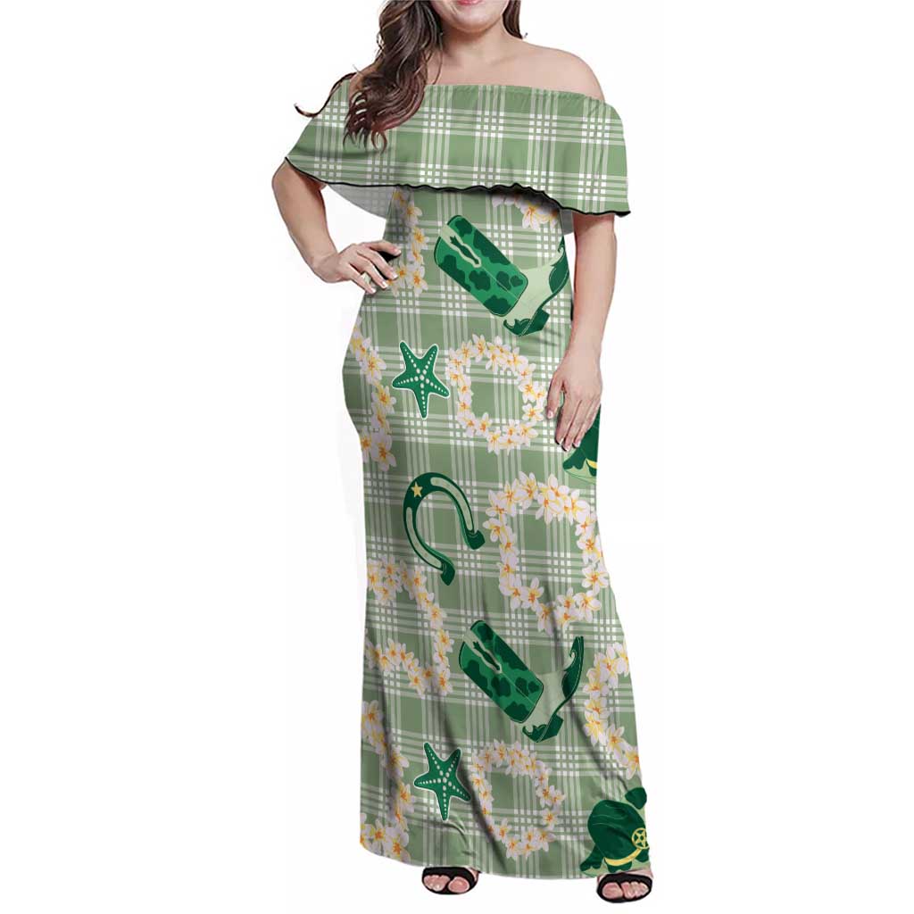 Aloha Hawaii Paniolo Mint Palaka Family Matching Off Shoulder Maxi Dress and Hawaiian Shirt Coastal Rodeo LT7 Mom's Dress Mint - Polynesian Pride