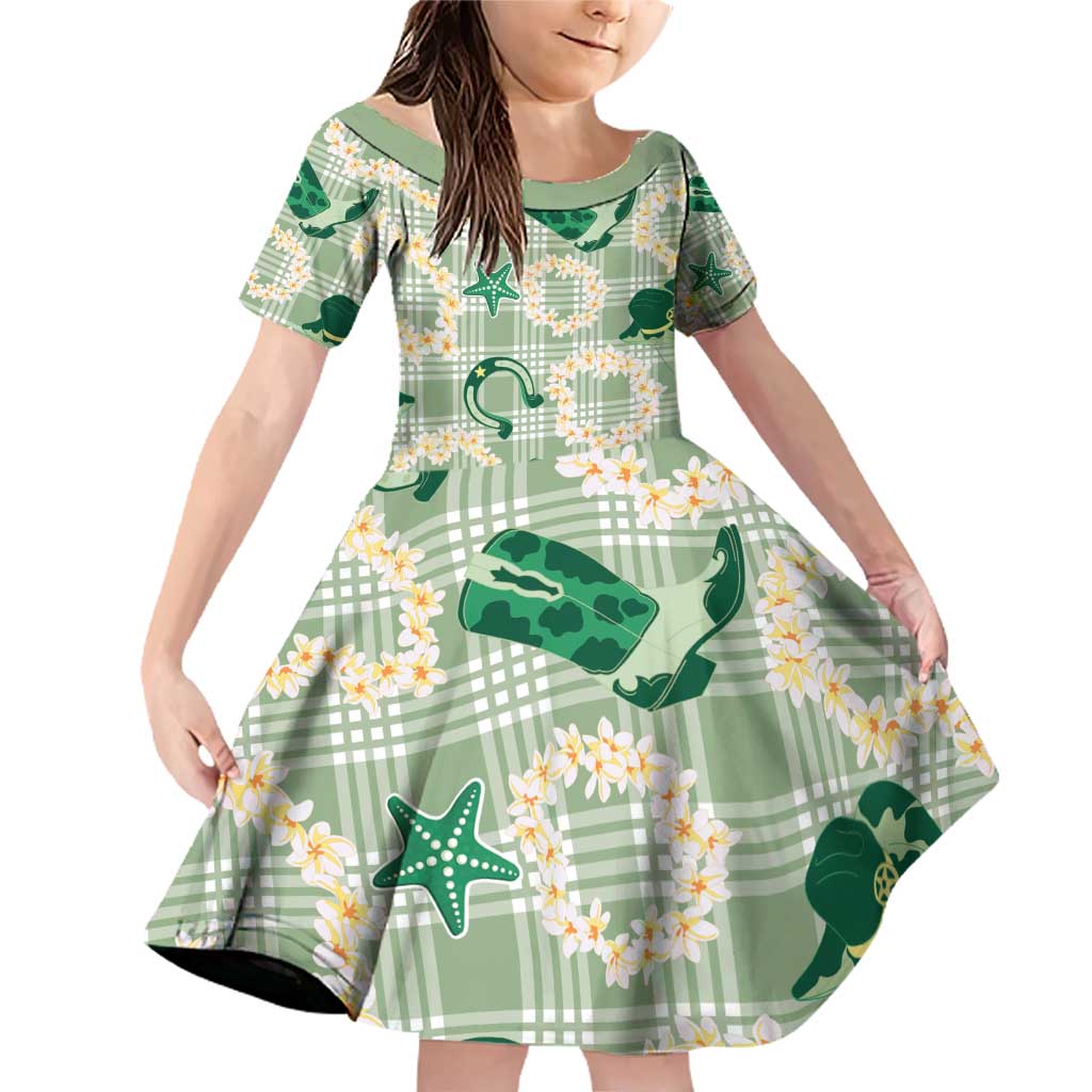 Aloha Hawaii Paniolo Mint Palaka Family Matching Off Shoulder Short Dress and Hawaiian Shirt Coastal Rodeo LT7 Daughter's Dress Mint - Polynesian Pride