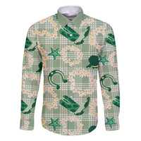Aloha Hawaii Paniolo Mint Palaka Family Matching Off Shoulder Short Dress and Hawaiian Shirt Coastal Rodeo LT7 Dad's Shirt - Long Sleeve Mint - Polynesian Pride