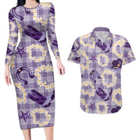 Aloha Hawaii Paniolo Lavender Palaka Couples Matching Long Sleeve Bodycon Dress and Hawaiian Shirt Coastal Rodeo LT7 Lavender - Polynesian Pride