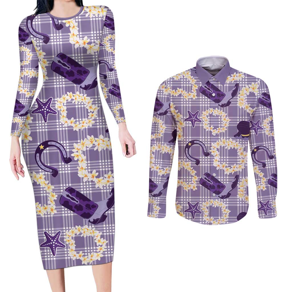 Aloha Hawaii Paniolo Lavender Palaka Couples Matching Long Sleeve Bodycon Dress and Long Sleeve Button Shirt Coastal Rodeo LT7 Lavender - Polynesian Pride