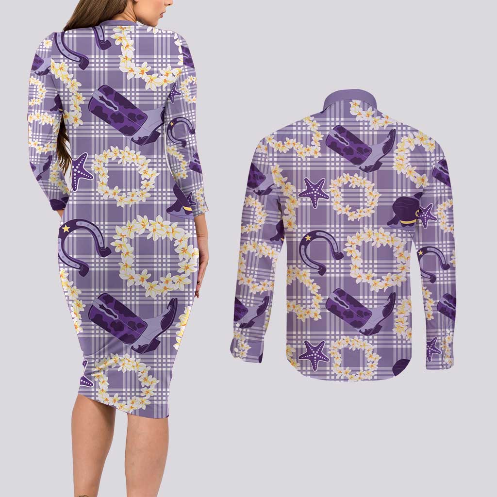 Aloha Hawaii Paniolo Lavender Palaka Couples Matching Long Sleeve Bodycon Dress and Long Sleeve Button Shirt Coastal Rodeo LT7 - Polynesian Pride