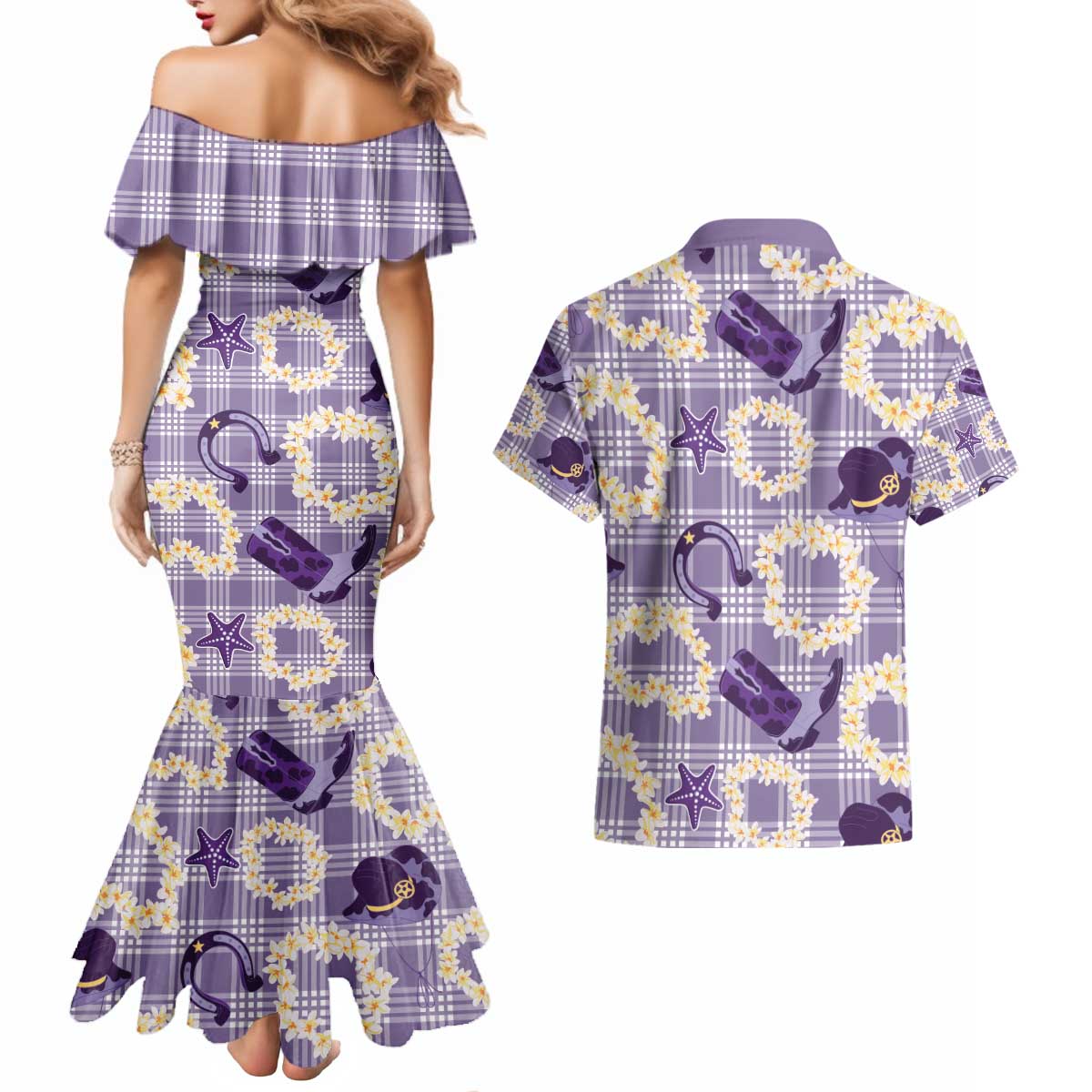 Aloha Hawaii Paniolo Lavender Palaka Couples Matching Mermaid Dress and Hawaiian Shirt Coastal Rodeo LT7 - Polynesian Pride