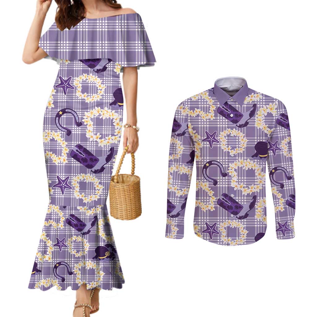 Aloha Hawaii Paniolo Lavender Palaka Couples Matching Mermaid Dress and Long Sleeve Button Shirt Coastal Rodeo LT7 Lavender - Polynesian Pride