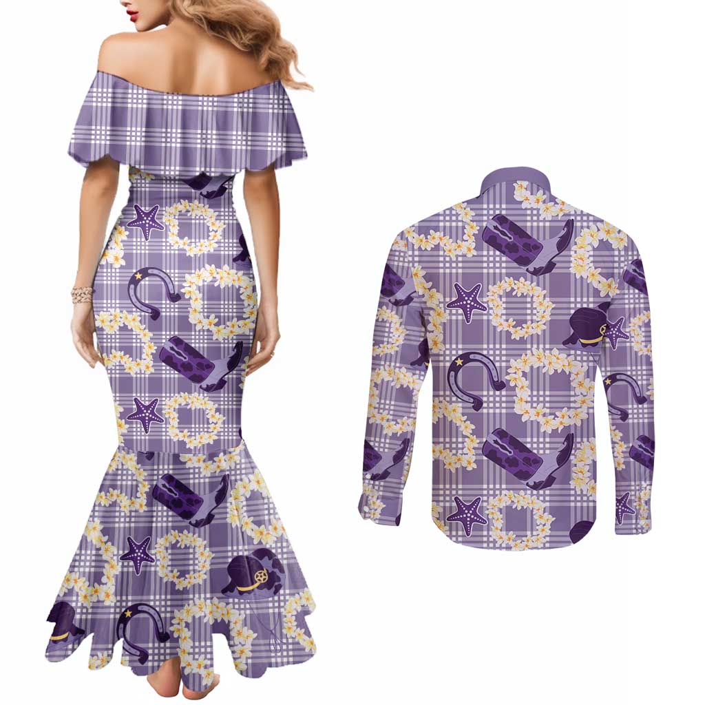 Aloha Hawaii Paniolo Lavender Palaka Couples Matching Mermaid Dress and Long Sleeve Button Shirt Coastal Rodeo LT7 - Polynesian Pride