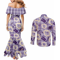 Aloha Hawaii Paniolo Lavender Palaka Couples Matching Mermaid Dress and Long Sleeve Button Shirt Coastal Rodeo LT7 - Polynesian Pride