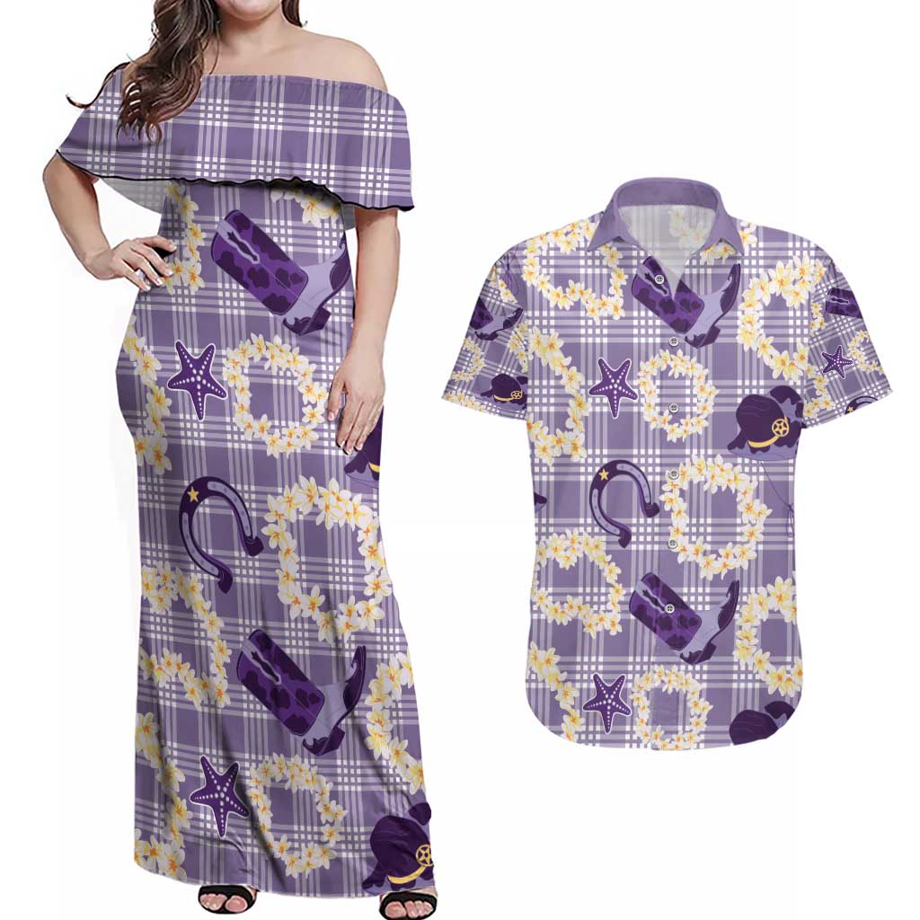 Aloha Hawaii Paniolo Lavender Palaka Couples Matching Off Shoulder Maxi Dress and Hawaiian Shirt Coastal Rodeo LT7 Lavender - Polynesian Pride